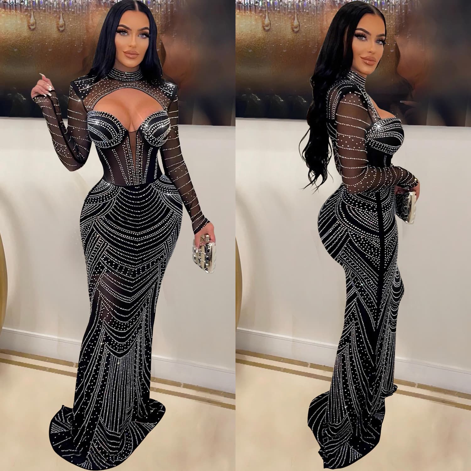 Women's Solid Color Hot Diamond Mesh Long-sleeved V-neck Dress For Women