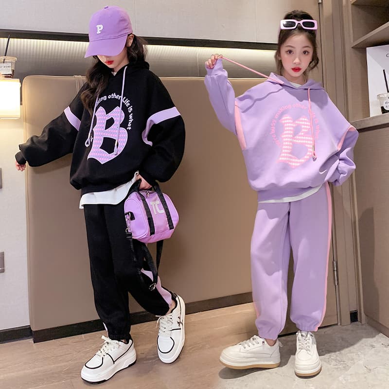 Girls Spring And Autumn Sports Suit 2024 New Style Middle And Large Children Loose Children's Hooded Sweater Children's Clothing Two Piece Set