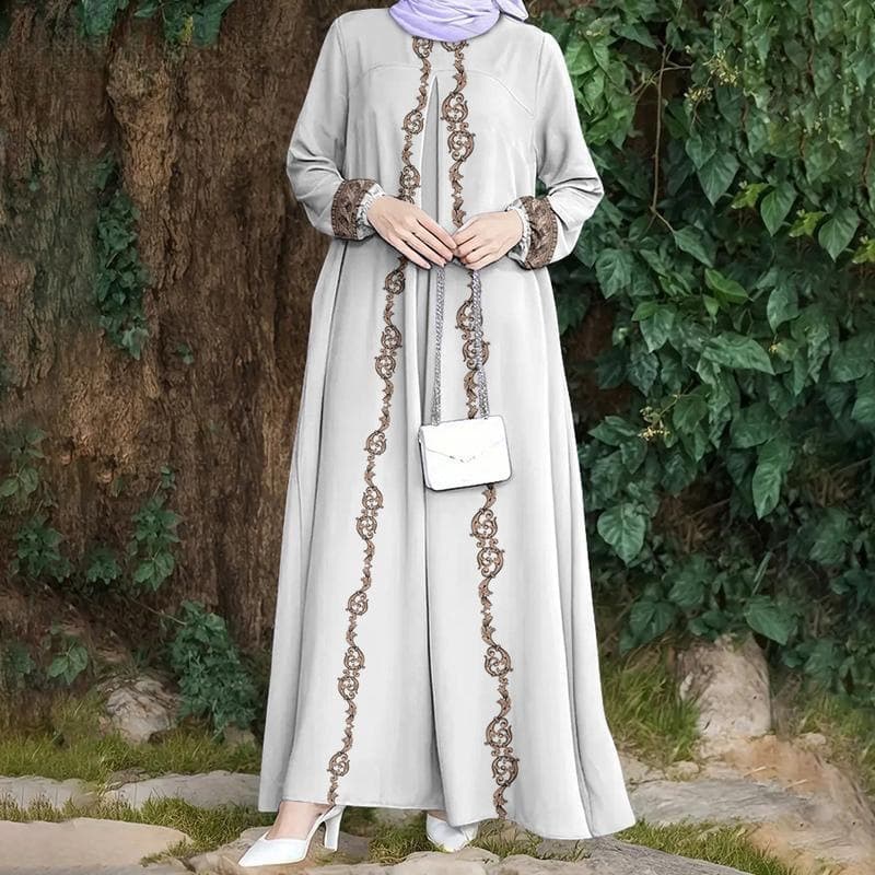 Modest Muslim Abaya Dress – Loose Fit Long Sleeve Maxi Dress With Elegant Print (S-5XL, Multiple Colors, Polyester)