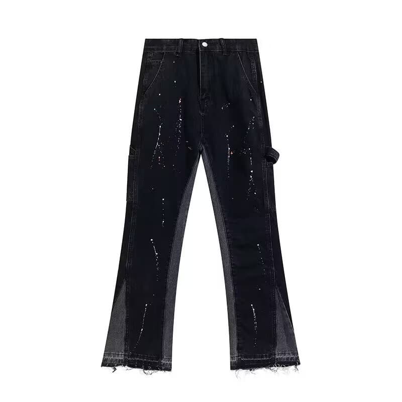 Men's Clothing Trendy High Street Ink Splashed Splicing Vibe Style Flared Jeans For Men And Women Ins Loose Floor Length Straight Trousers