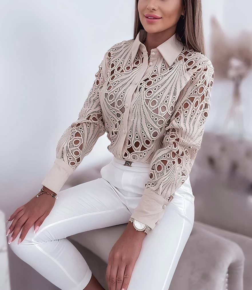 Women's Clothing Spring and Autumn All match Commuter Fashion Lace Hollow Long Sleeve Shirt Women