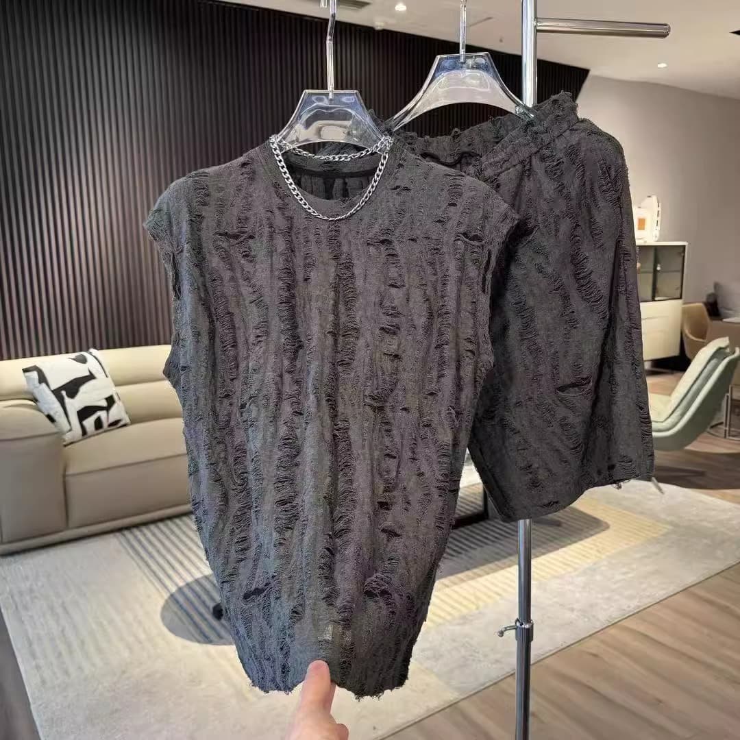 Men's Clothing Summer Ripped Shorts Trendy Loose Fitting Sportswear American Style Unique Vest Set