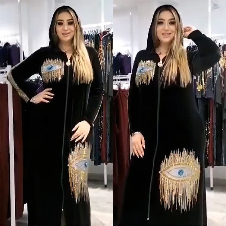 Muslim Dress popular women's Muslim long sleeved hooded robe Korean velvet hot diamond dress 8293