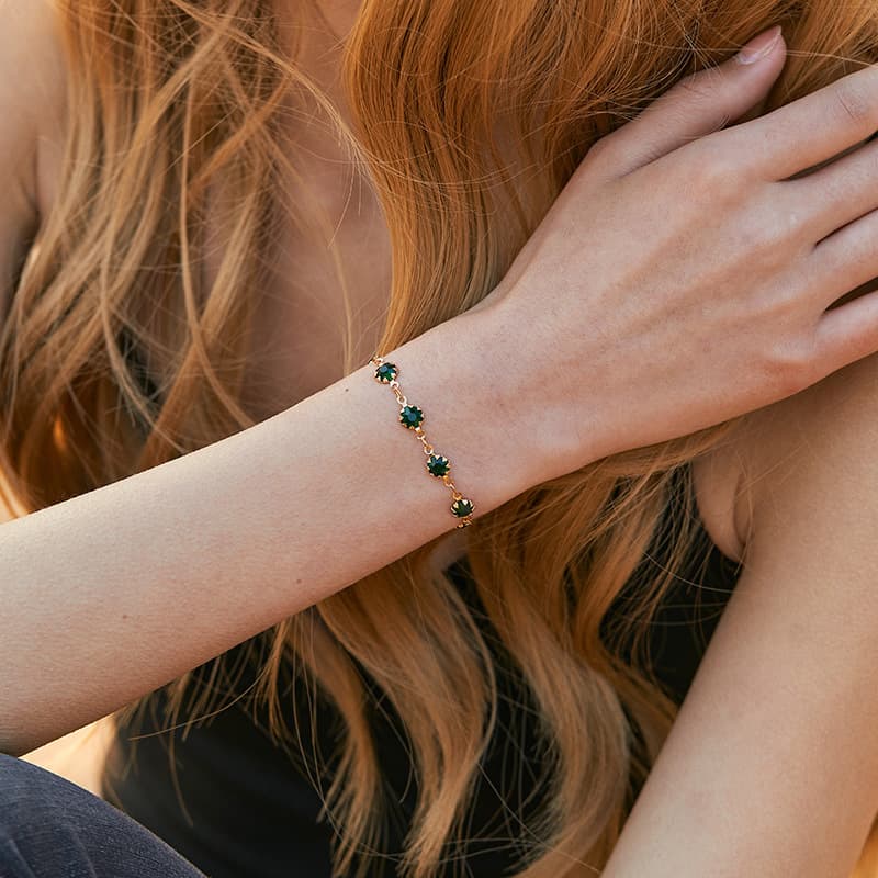 Retro Style Copper Plated K Real Gold French Bracelet Inlaid With Dark Green Zircon Texture Exquisite Jewelry