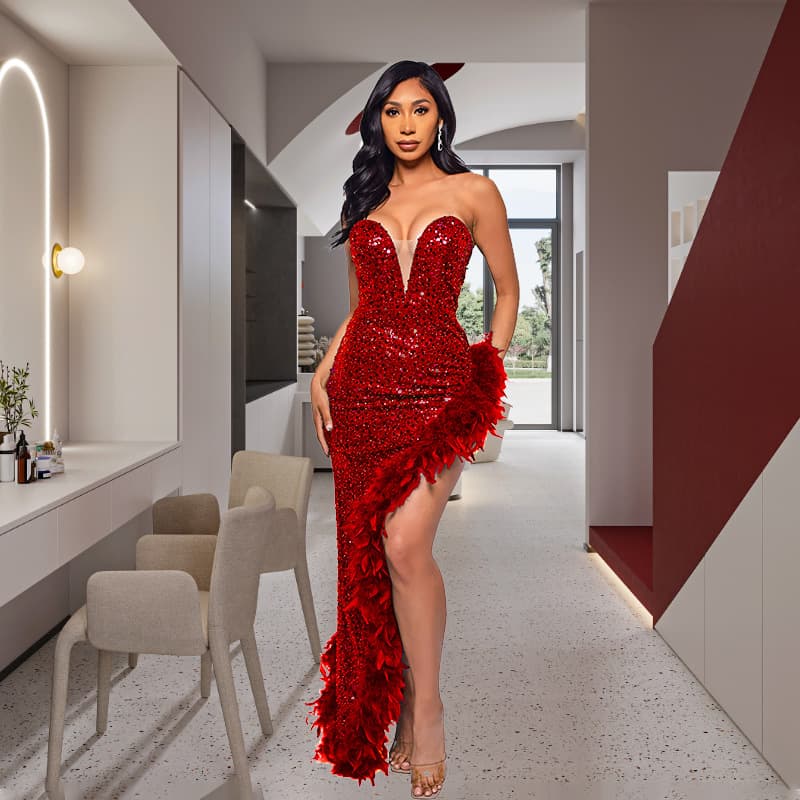 Women's Clothing Tube Top Backless Dress Pure Desire Style Temperament Feather Sequin Dress