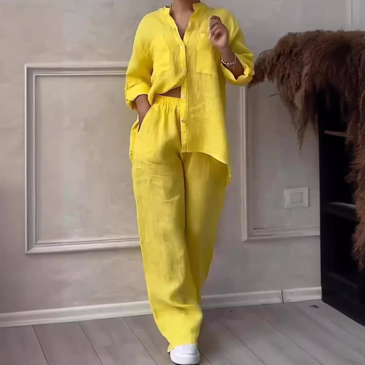 Women's Single-Breasted Long Sleeve Shirt & Wide Leg Lace-Up Pants Set