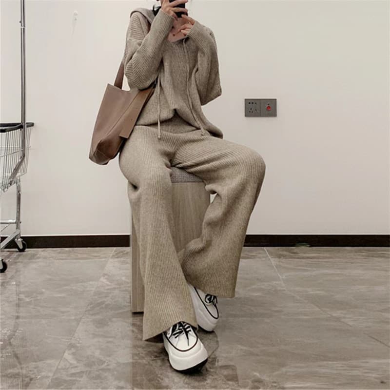 Fashion Knitted 2025 Autumn Winter New Hooded Loose Casual Sweater Wide Leg Pants Two-Piece Set For Women