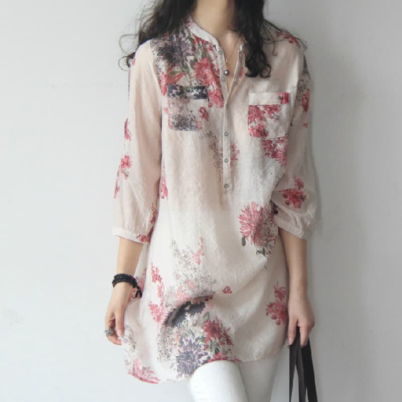 Women's cotton and linen floral loose medium and long three-quarter sleeve shirt literary women's clothing