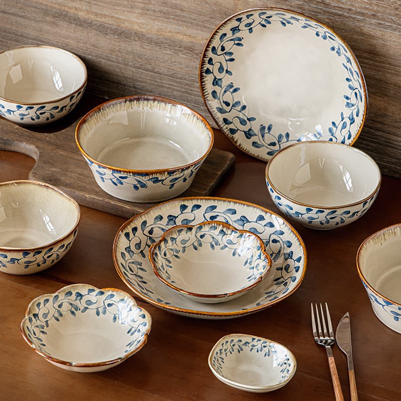 Zen Wind Grass Series – Vintage Ceramic Dinnerware Set, Hand-Thrown Stoneware Bowls & Plates For Ramen, Rice & Sharing Dishes (6-Piece)