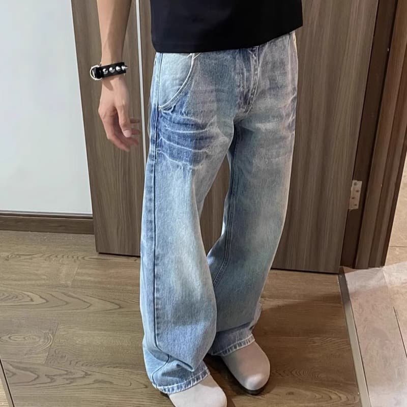 Washed Light Blue Jeans Men's American Trend Casual Versatile Loose Straight Trousers