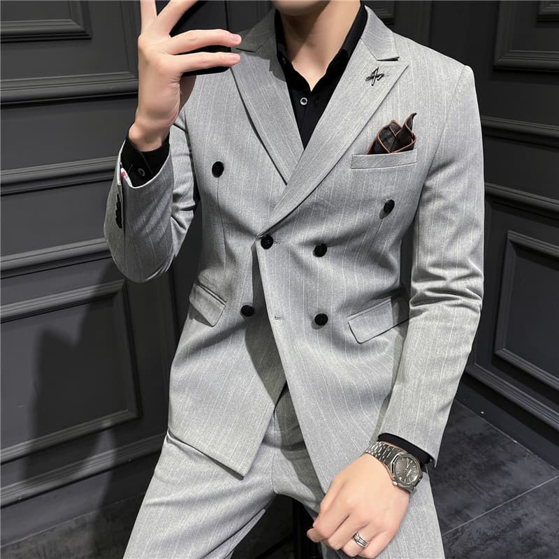 CT Gray Striped Set For Men Business Formal Casual Korean Slim Fit Wedding Banquet Tuxedo Men's Suit