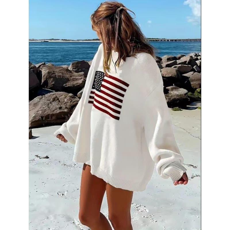 Hot American Retro Street Style Star Flag Pattern Loose Round Neck Pullover Sweater Top