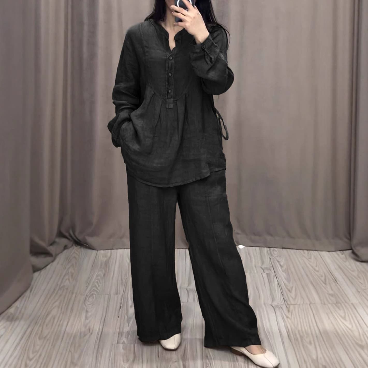 Women's Clothing Bohemian Style Cotton Linen Long Sleeve Wrap Top & Wide Leg Pants Set – Casual Comfort For Women (Black, Army Green, Wine Red)