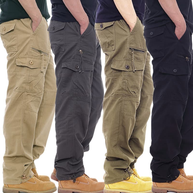 Simple Cotton Workwear Men's Casual Elastic Waist, Large Size Multiple Pockets, Loose Pants, Construction Pants