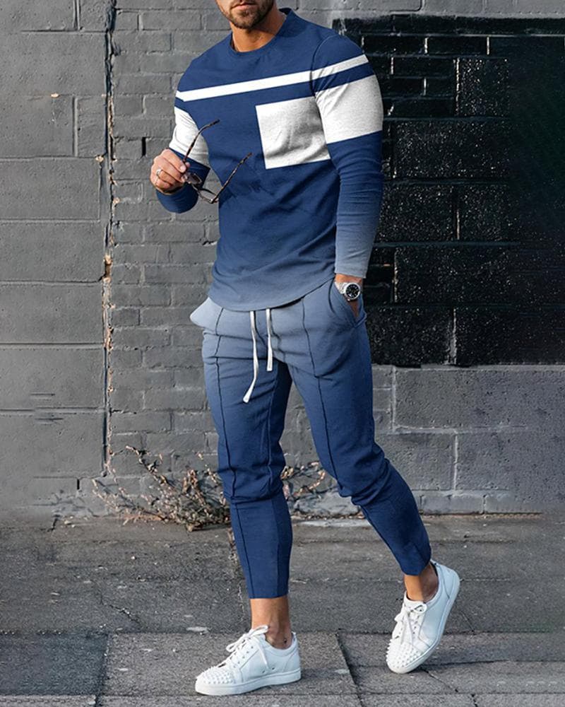 Summer Fashion Tracksuit Set For Men 2 Piece Outfit Long Sleeve T Shirt Trousers Pants Sweatpants Sport Suit Oversized