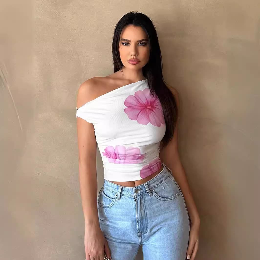 Women’s Clothing Sexy Hot Girl Hibiscus Flower Print Asymmetrical Neckline Short Top Waist Design Vest Top