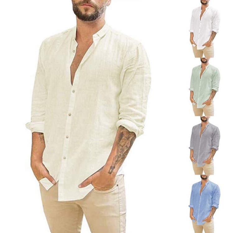 Men's Clothing Linen Cardigan Solid Color Casual Stand Collar Long Sleeve Shirt