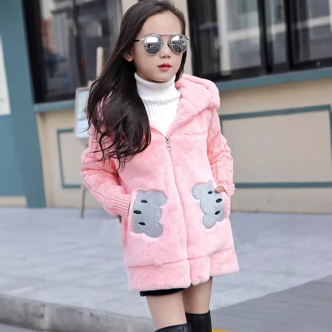 Girls' Winter Faux Fur Hooded Coat – Thickened Long Puffer Jacket With Plush Lining (110-160cm) – Trendy Korean Style, Zipper Closure – Warm & Stylish