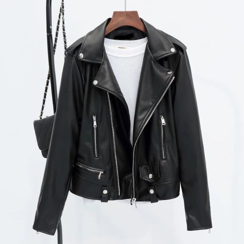 Women’s Slim-Fit PU Leather Jacket – Short Black Biker Style With Lapel Collar (S-3XL)