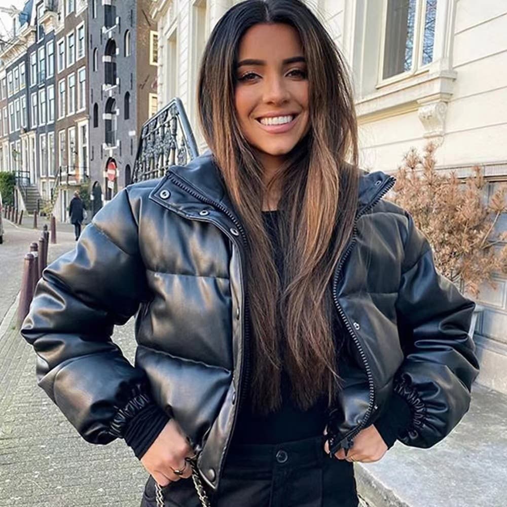 New European and American style PU leather cotton coat for women, stand collar, short warm bread coat, cotton coat, motorcycle, cool girl casual