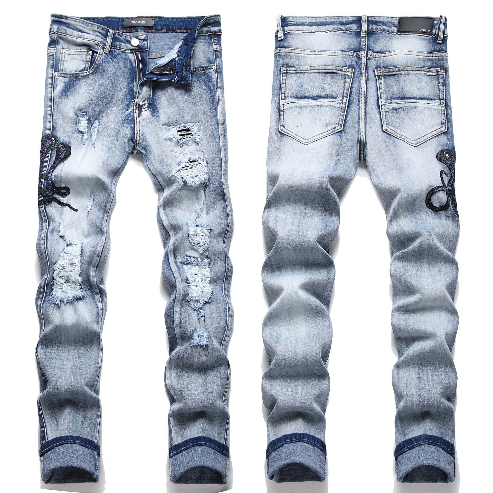 Men's Clothing Street Youth Blue Cobra Embroidery Stretch Slim Men's Jeans