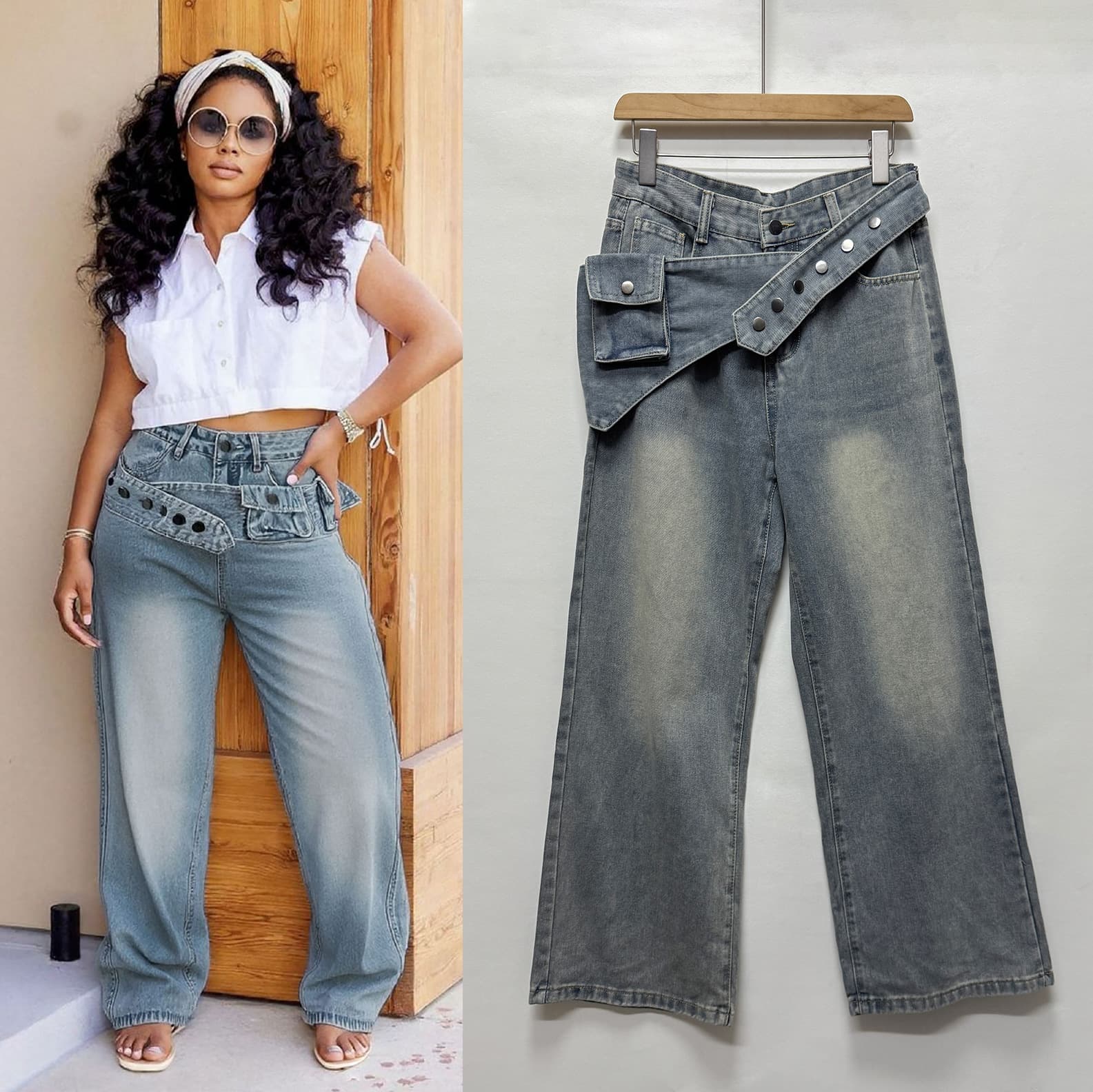 Women's Distressed Denim Wide-Leg Jeans Detachable Utility Belt Vintage Wash Straight Leg Trousers Multi-Pocket Design