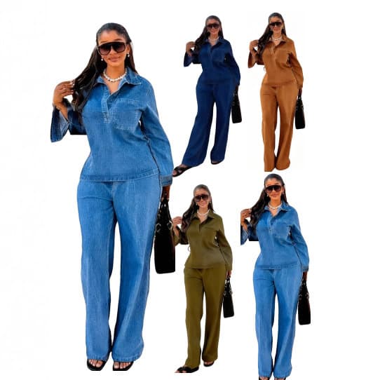 Women's Clothing Fashion Washed Blue Denim Top And Straight Leg Pants Set