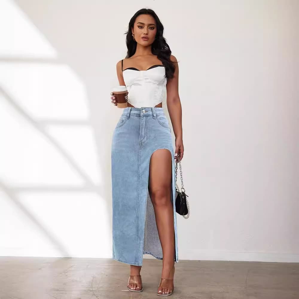 Women's Clothing High Slit Half Length Denim Skirt Women Spring And Summer New Style Washed Solid Color Mid Length Skirt