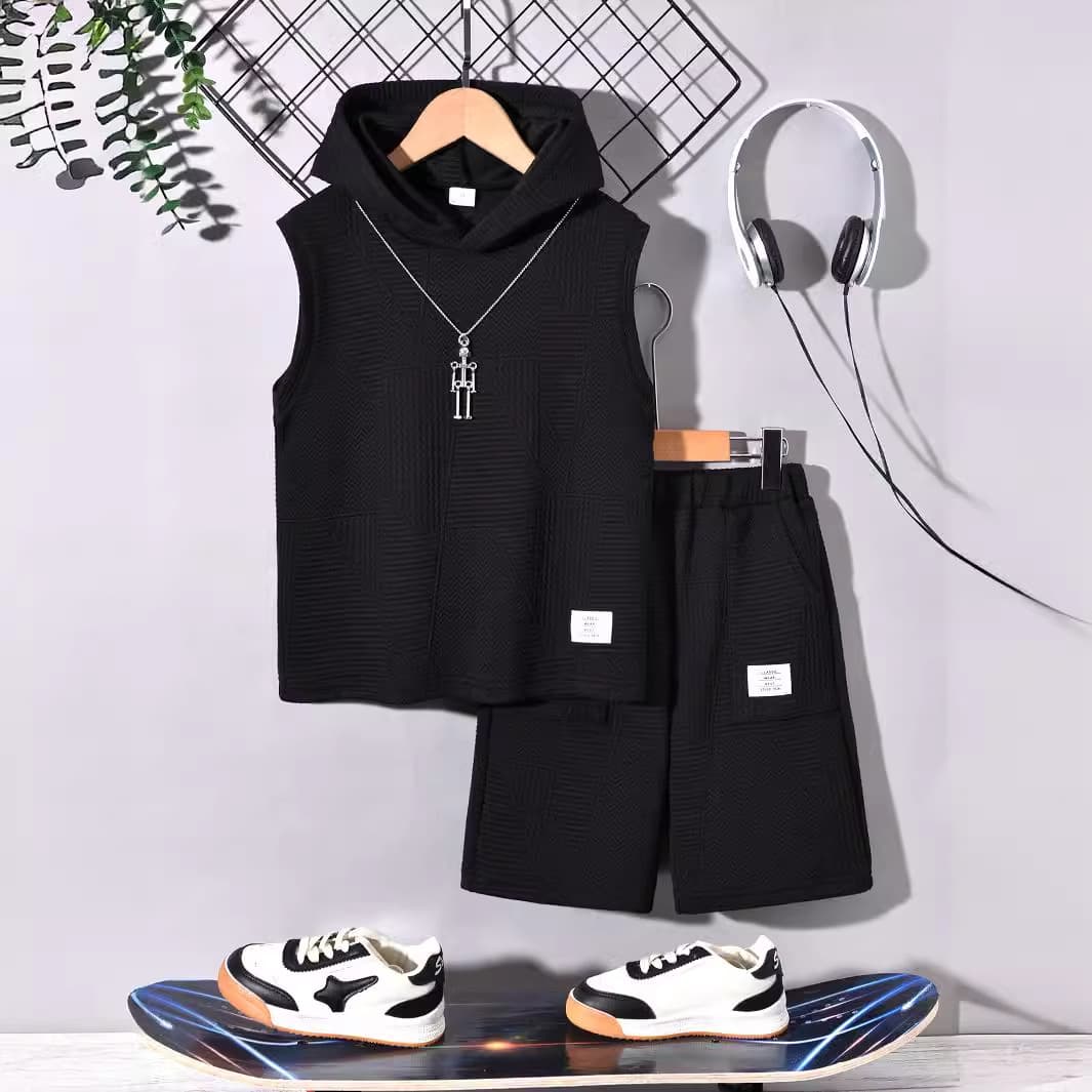Kid's Clothing Boys' New Hooded Two-piece Suit Street Sleeveless Tops Comfortable Shorts Suit