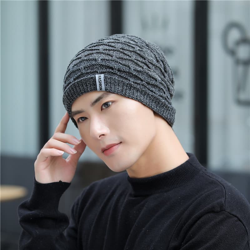 Hat versatile plush sweater autumn winter men's trendy cycling windproof and warm knitted with added label skiing hat
