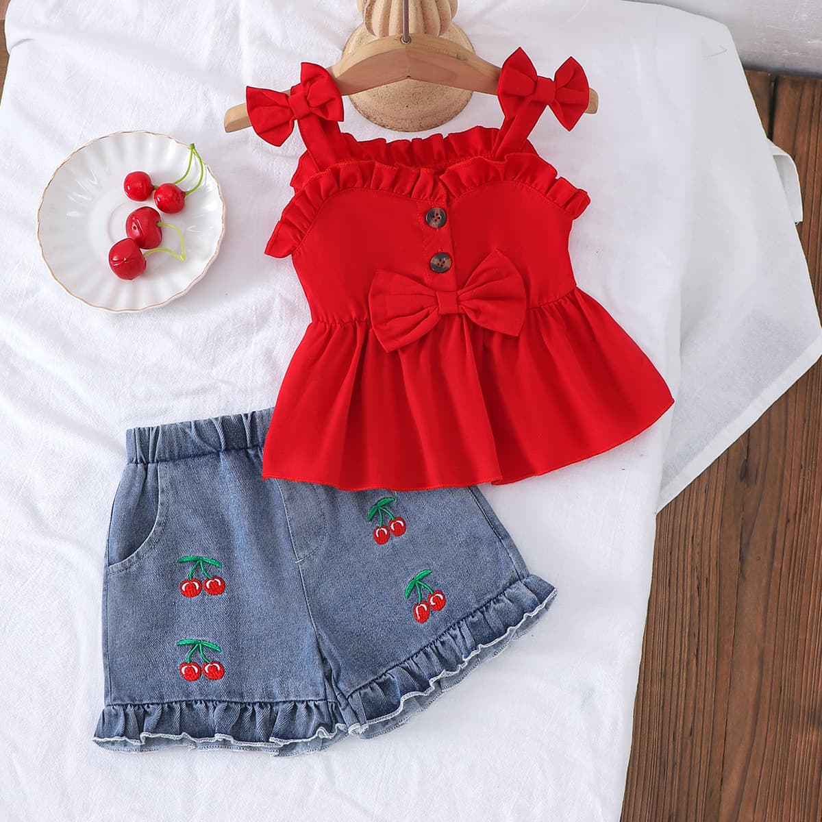 Stylish Toddler Girl Outfit Set – Red Bow Sleeveless Top + Denim Shorts (12M-5T, Summer Casual Wear)