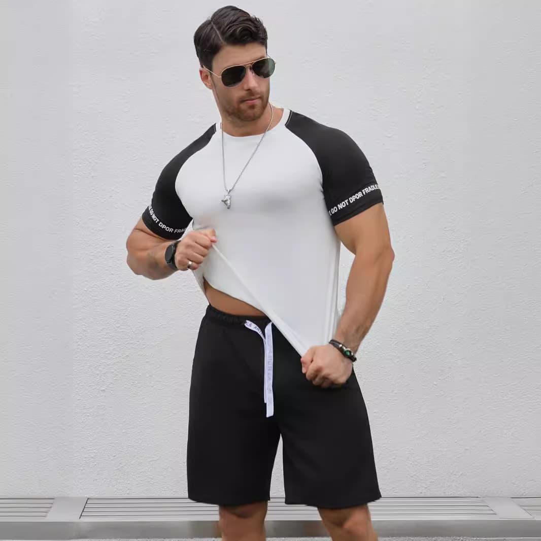 Short Sleeved T-Shirt And Shorts Two-Piece Set, Elastic Color Men's Raglan Sleeve Set