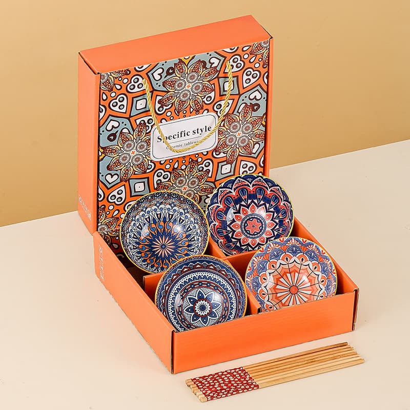 Bohemian Floral Ceramic Bowl Set – Microwave-Safe Nordic-Style Gift Tableware For Adults (2/4/6 Bowls + Gift Box)