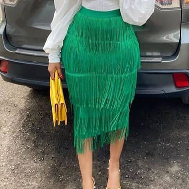 High-waisted spliced fringe skirt, slim hip-hugging skirt, party pencil skirt, plus size women's skirt, skirt