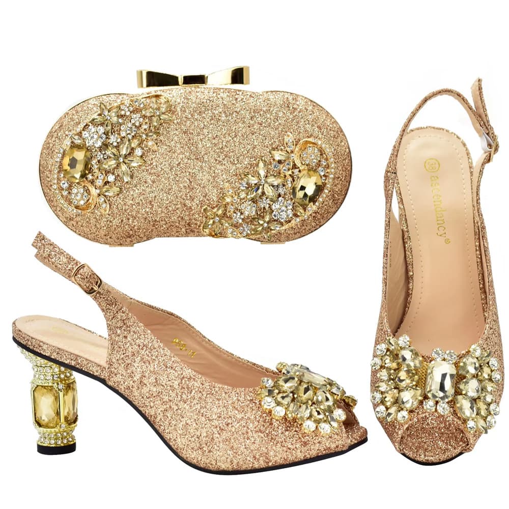 Frosted parquet diamond all-in-one round head fish mouth casual high-heeled fashion sandals with clutch set