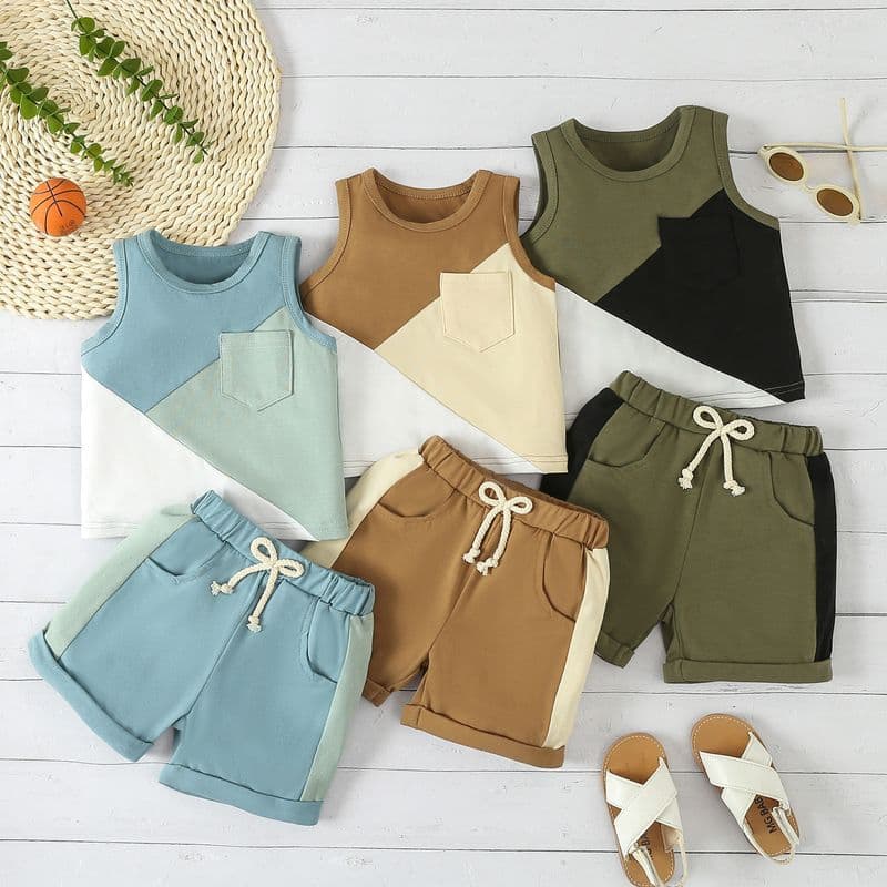 Mother & Kids 2024 European And American Summer Boys Suit Toddler New Sleeveless Beach Wear Two-piece Set Baby Round