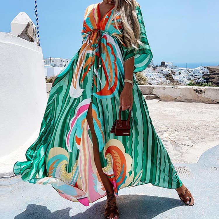 Women's Clothing Holiday Style V Neck Slim Fitting Printed Long Dress