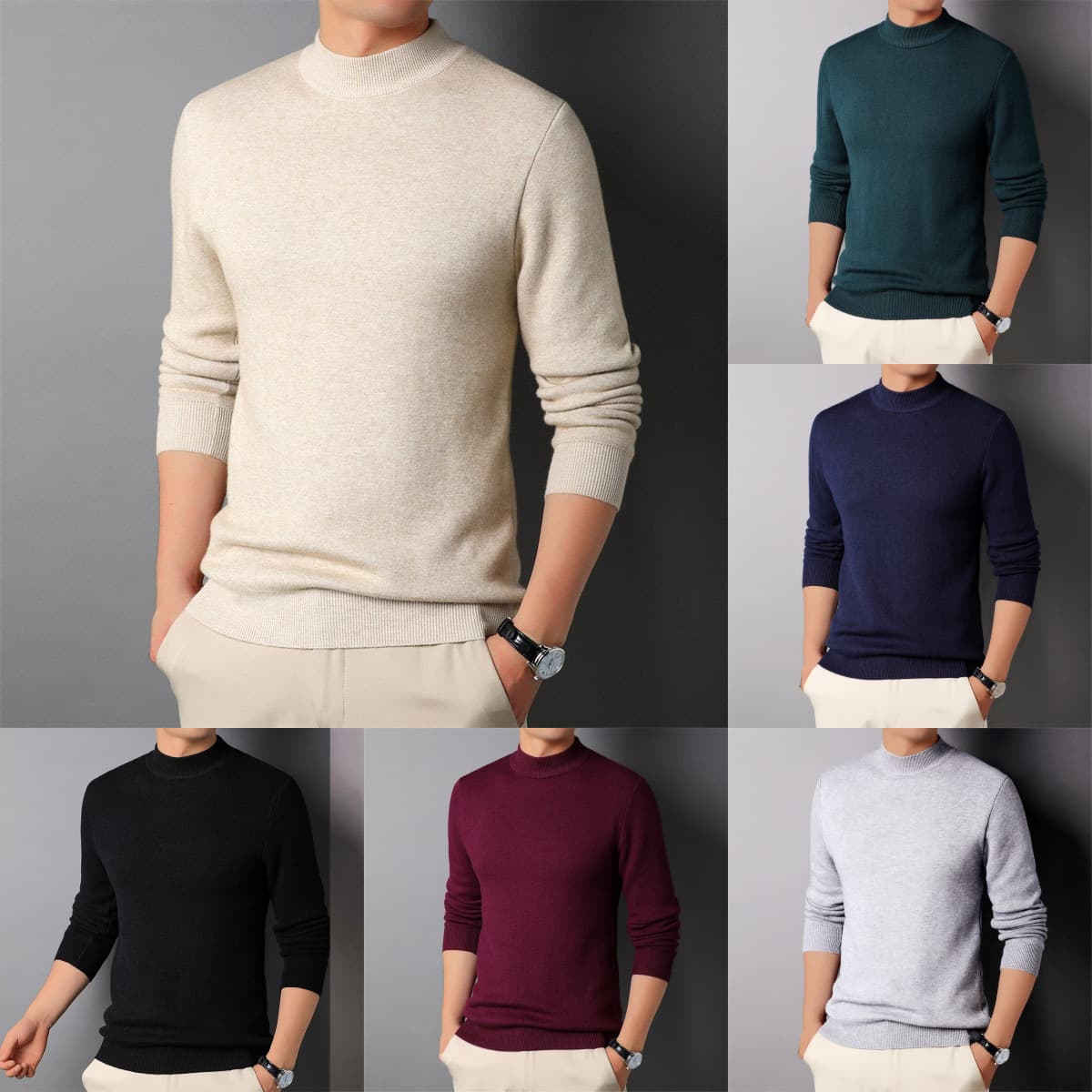 Men's 2024Winter Sweater Solid Color Half Turtleneck Cashmere Men's Knitted Sweater Slim Elastic Bottoming Sweater Men's