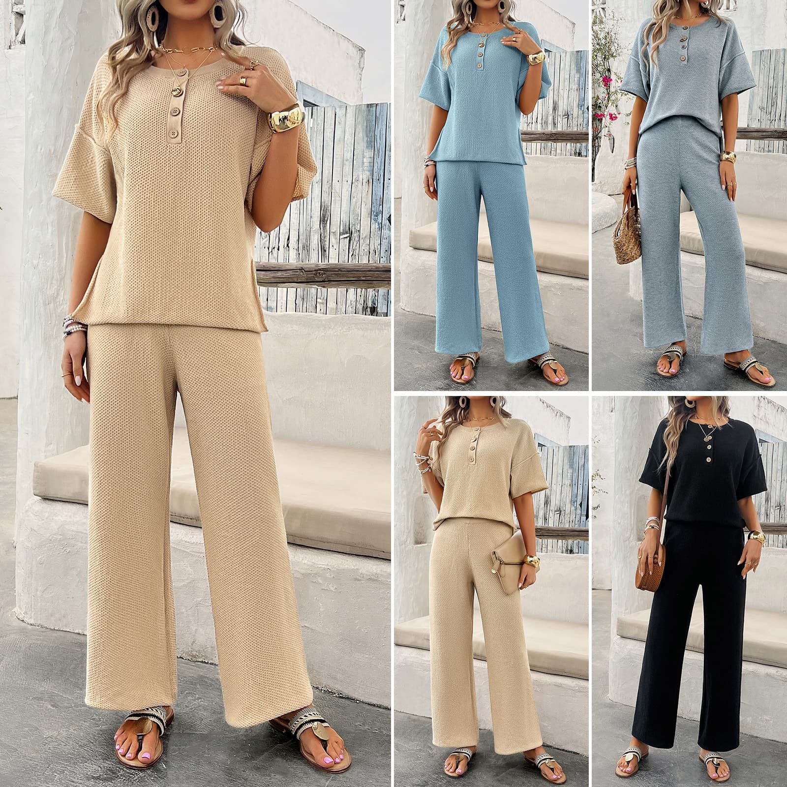 Women's Clothing Spring And Summer Temperament Leisure Solid Color Knitted Short Sleeved Trousers Suit