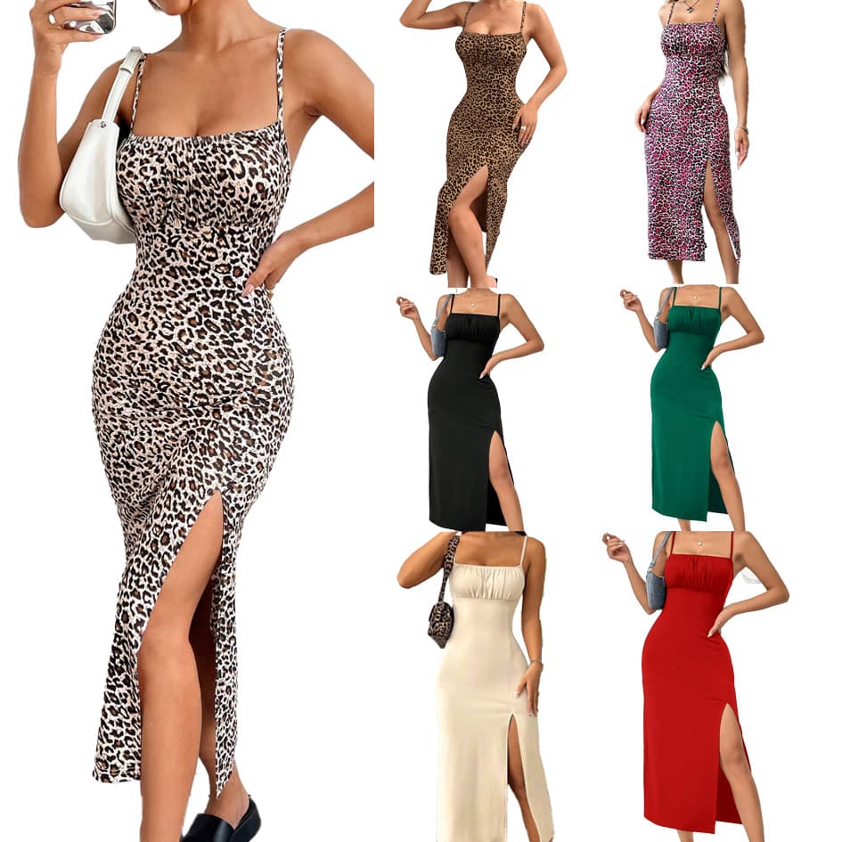 Women's Clothing Suspender Wrap Chest High Slit Leopard Print Hip Long Dress