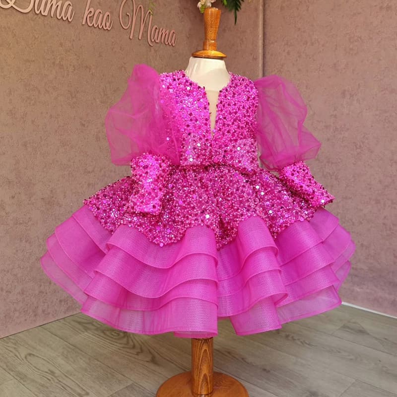 Kid's Clothing Princess dress for girls dress sequined mesh puff sleeves tutu skirt rose red dress children's performance costume