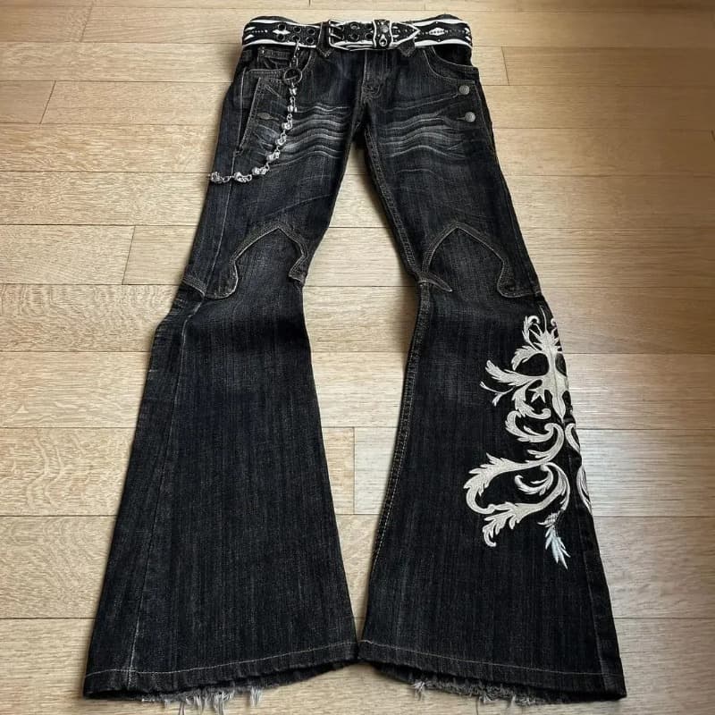 New Popular Heavy Industry Embroidered Jeans Men's And Women's Same Punk Flared Pants Y2k Washed Trousers Dark Pants