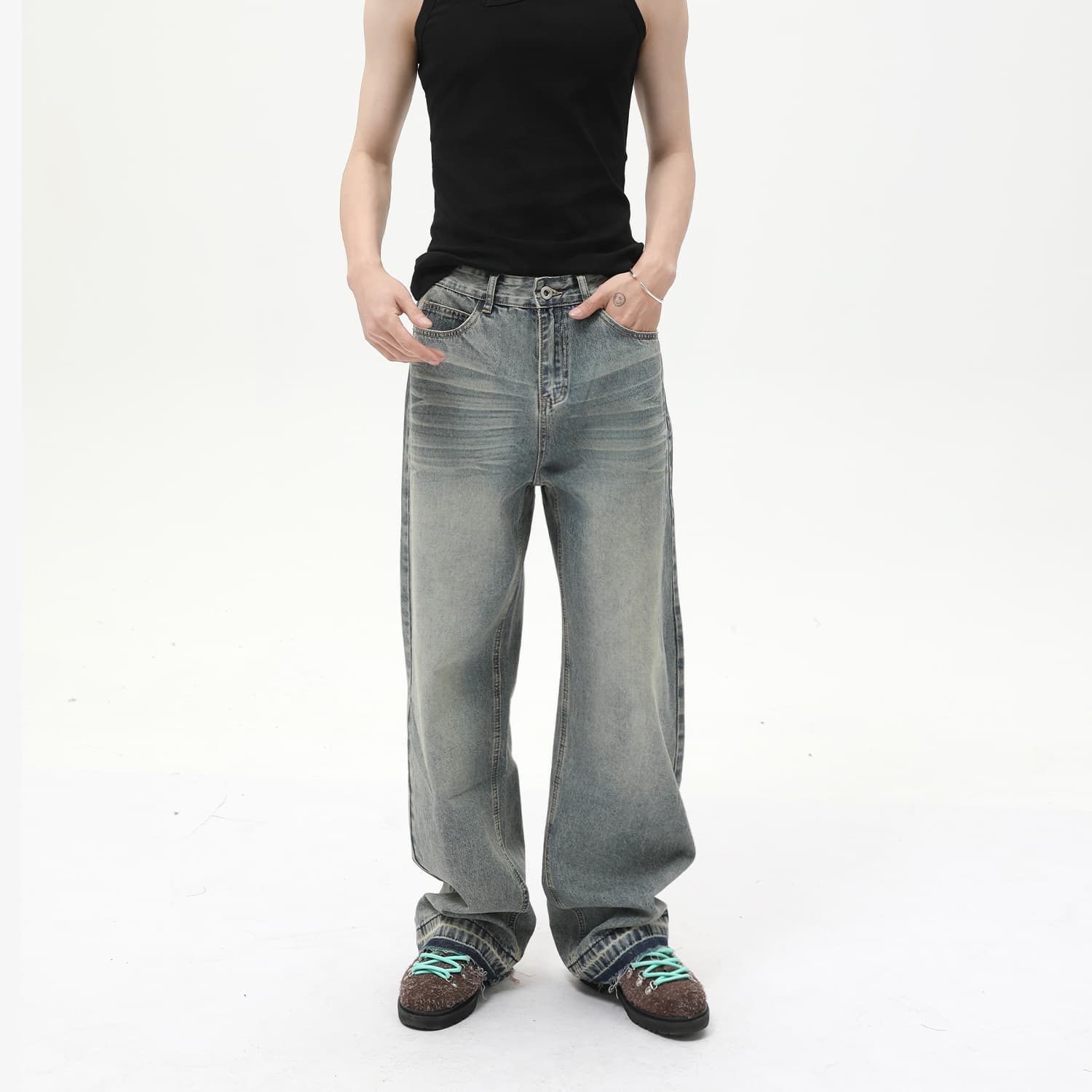Men's Clothing Retro Distressed Raw Edge Design High Street Versatile Casual Straight Loose Jeans Trend