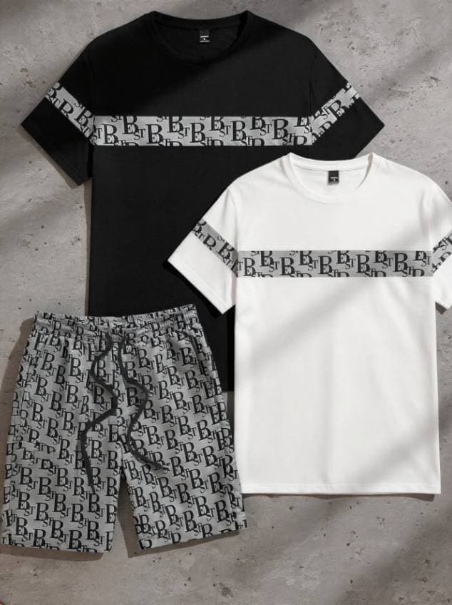 Men's Summer Trendy T-Shirt And Shorts Set Short Sleeve Waffle Sports Casual Cotton Polyester Gray Basic Fit Letter