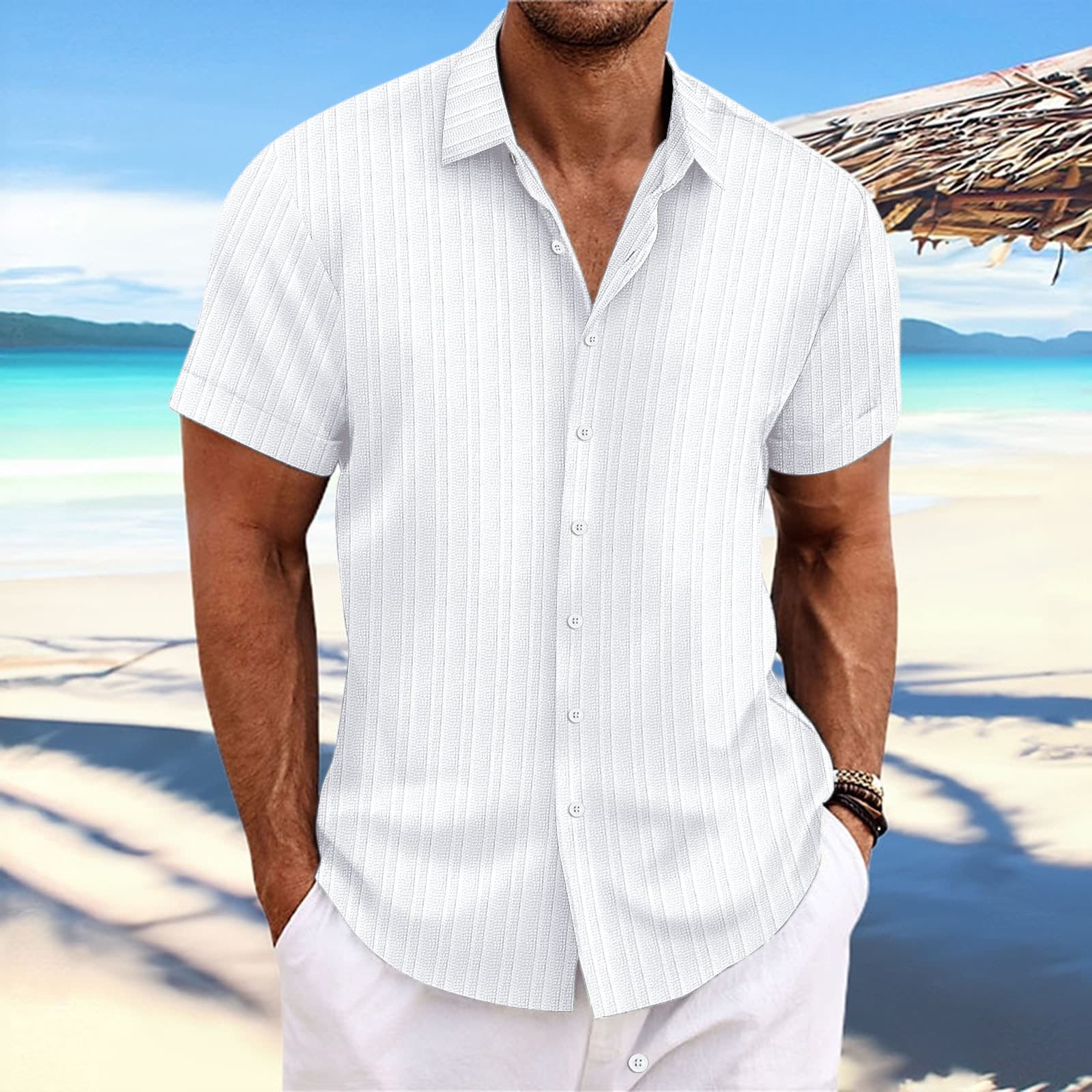 Men's Jacquard Striped Shirt - 2025 Spring Summer Loose Fit Cotton Linen Vacation Top (Blue/Beige/White)