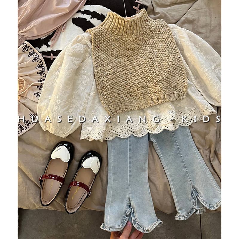 Mother & Kids Children's Spring And Autumn Summer Fashionable Jeans Knitted Shawl Korean Children's Clothing New Girls Retro Suit Trend