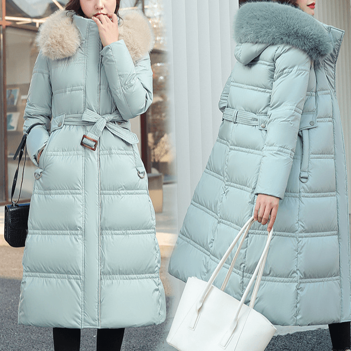 Women's Clothing Winter New Cotton Jacket Large Fur Collar Medium Length Slim Belt Slim Temperament Down Cotton Jacket Women's Jacket