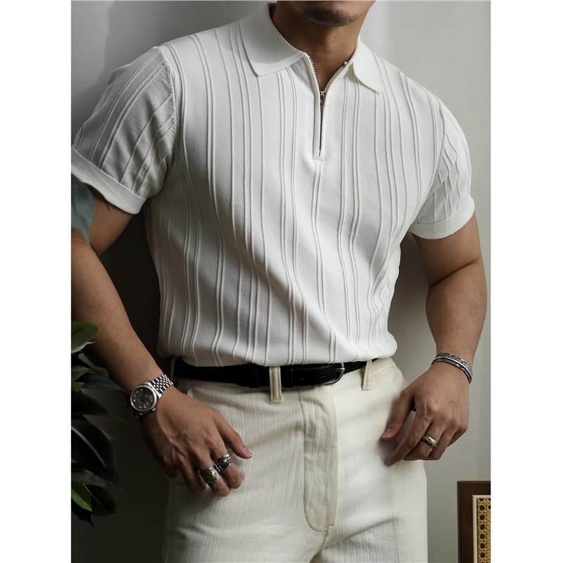 Men's Half-Zip Polo Shirt - Breathable Knit Stripe T-Shirt With Collar | Lightweight Summer Top For Casual & Smart Looks (White/Black, M-3XL)