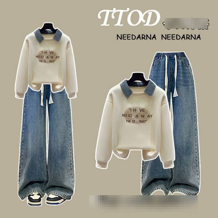 Preppy Style Polo Collar Sweatshirt & Stretch Jeans Set – Trendy Two-Piece Outfit For Girls