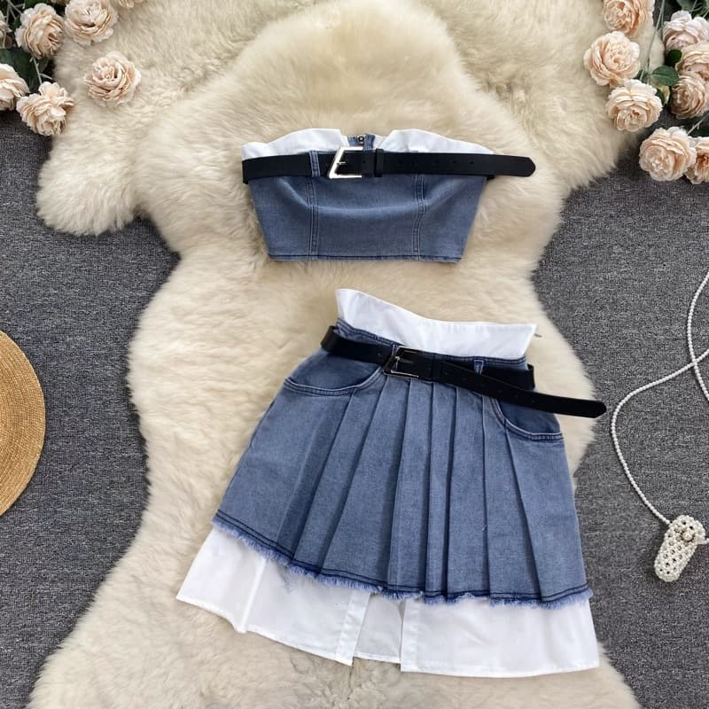 Hot girl retro workwear style suit female design niche tube top vest high waist pleated skirt denim two-piece suit